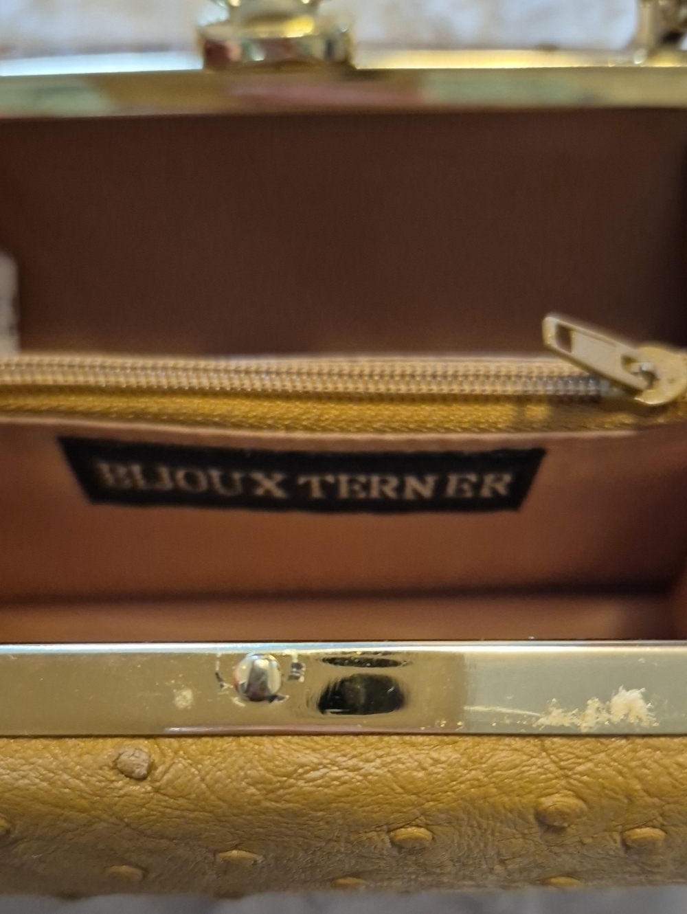 Bijoux Terner Mini Purse, Brown Faux Ostrich Top Handle Structured Evening Bag - Picture 7 of 10